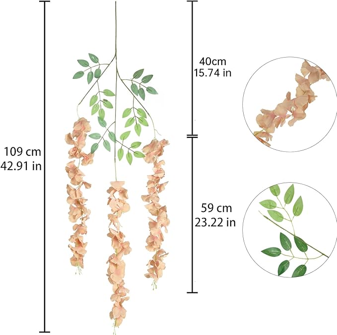 12Pack Wisteria Hanging Flowers 3.6ft Fake Flower Garland Faux Wisteria Vines Champagne Artificial Silk Flowers Bushy Rattan String for Garden Home Wall Wedding Decorations (Champagne)