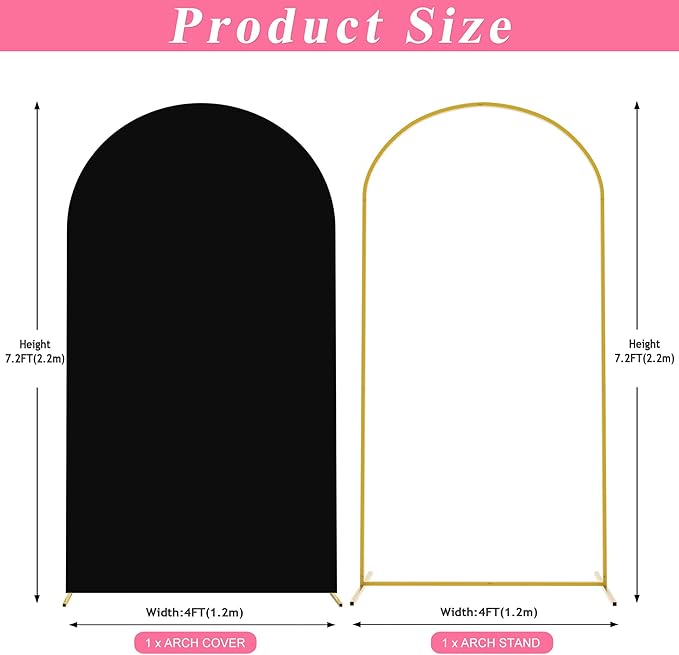 Putros 7.2ft Metal Arch Stand with Cover Black Spandex Fitted Wedding Arch Cover and Round Top Chiara Backdrop Stand Set for Birthday Party Baby Shower Decoration