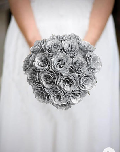Glitter Roses Bouquet,30PCS Silver Roses Fake Roses Artificial Flowers for Wedding Bouquet Party Christmas Home Decor(Silver)