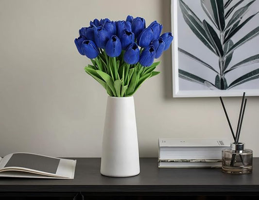 IPOPU 24 PCS Royal Blue Flowers Tulips Artificial Flowers Real Touch Blue Tulips Faux Flowers for Home Table Decor Wedding Bouquet Party Baby Shower Centerpieces Bridal Bouquet Decor (Blue)