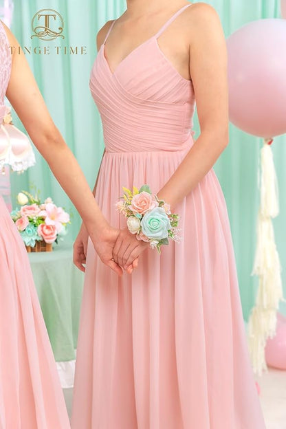 TINGE TIME Set of 2 Wrist Corsage Bracelets Pearl Wristlet Band Bridesmaid Bracelet for Wedding Ceremony Bridal Shower Wedding Artificial Flower Prom (MintGreen&Pink)