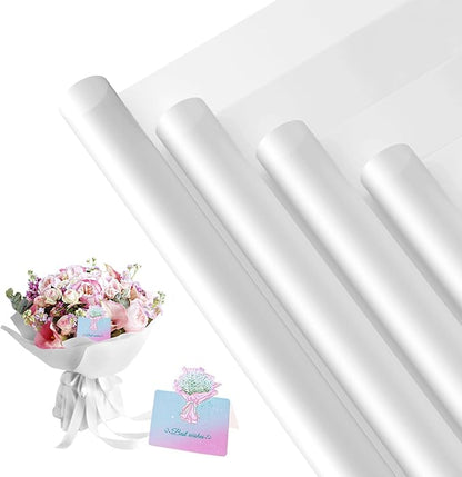REAXYZNN 20 Sheets Flower Wrapping Paper, Waterproof Floral Wrapping Paper with Cards for DIY Craft, Florist Packaging Supplies for Birthday, Wedding, Mother's Day Gift (White)