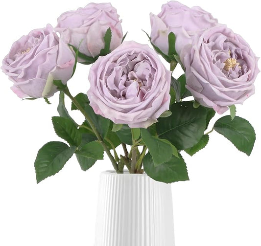 IPOPU 5PCS Light Purple Roses Artificial Flowers Real Touch Peonies with Stem for Wedding Bouquet Party Home Decor (Light Purple)