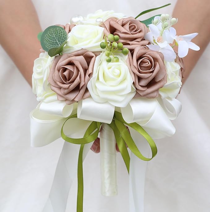Lightweight Bridal Wedding Bouquet Round Holding Bouquet Throw Toss Artificial Rose Flower Bunch for Bride Bridesmaid Wedding Quinceanera (Cream & Rosy Brown, 9.1")