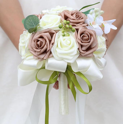 Lightweight Bridal Wedding Bouquet Round Holding Bouquet Throw Toss Artificial Rose Flower Bunch for Bride Bridesmaid Wedding Quinceanera (Cream & Rosy Brown, 6.7")