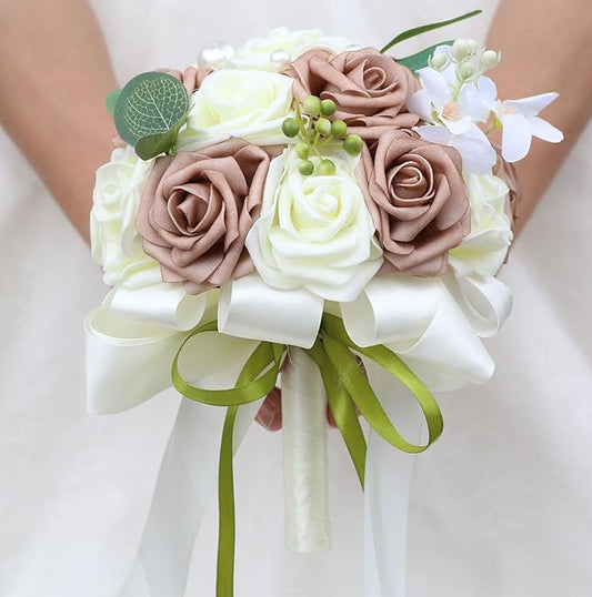Lightweight Bridal Wedding Bouquet Round Holding Bouquet Throw Toss Artificial Rose Flower Bunch for Bride Bridesmaid Wedding Quinceanera (Cream & Rosy Brown, 6.7")