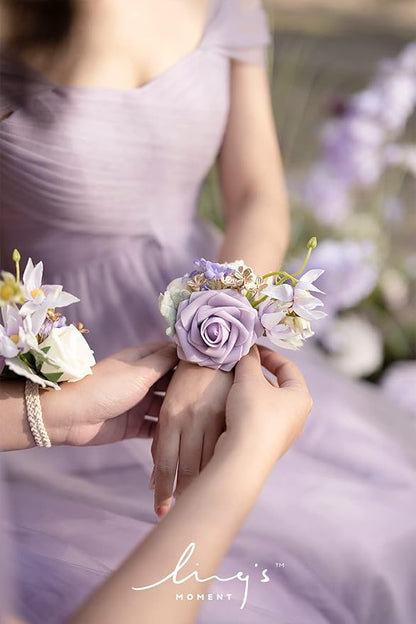 Ling's moment 6pcs Wedding Wrist Corsage Artificial Flowers, Girl/Mother Homecoming Prom Corsages Wristlet Décor, etc. Lilac Lavender Purple