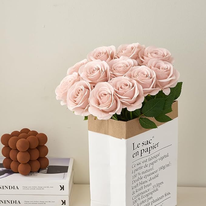 12pcs Roses Artificial Flowers Fake Roses Dusty Pink Silk Roses White Silk Flowers Rose with Long Stems for Wedding Home Party Centerpieces Decorations