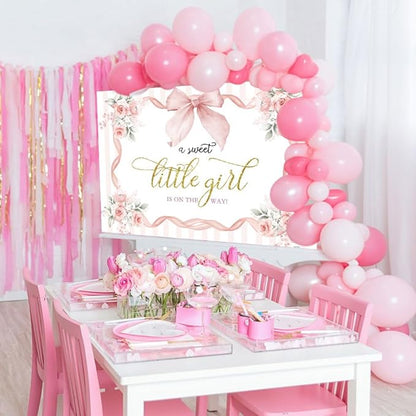 Pink Floral Baby Shower Backdrop Bow Flowers A Sweet Little Girl is on The Way Photography Background Princess Bowknot Girl Gender Reveal Party It’s a Banner with Copper Grommets