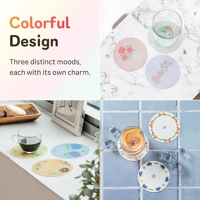 FLT Silicone Colorful Coaster Set of 3, Non-Slip Drink Mat, Cute and Unique Printed Design (Made in Korea) (Pastel - Flower)