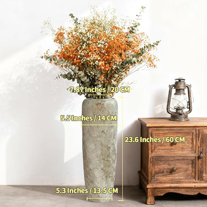 23.6 Inch Rustic Ceramic Tall Floor Vase, Slim Tapered Rustic Farmhouse Vase for Dried Stems & Pampas, Neutral Beige Decorative Vase for Living Room