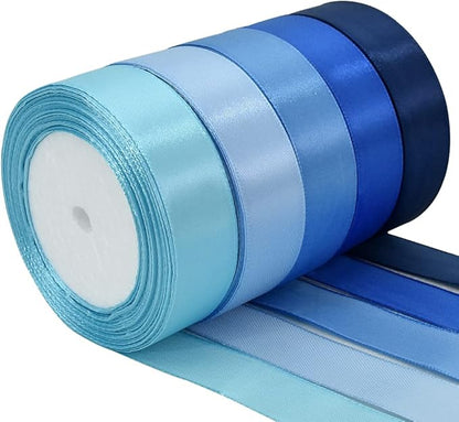 TONIFUL 1 Inch x 125 Yards 5 Colors Satin Ribbon Rolls, Mixed Blue Color Set Fabric Ribbon for Gift Wrapping Embellish Wedding Birthday Party Decoration Bow Making Floral Craft Sewing（Blue）