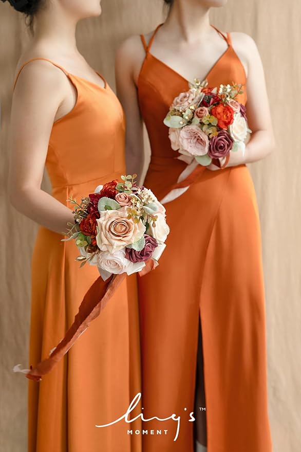 Ling's moment Artificial Flowers Burnt Orange Bridesmaid Bouquet Set of 4, Wedding Flowers Bouquets for Bridesmaids, 7 Inch Bridal Bouquets for Bridesmaids, Wedding, etc