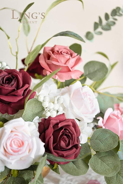 Ling's moment Artificial Burgundy Flowers, 16pcs Faux Silk Roses with Stems, 3.5" Fake Ombre Blush Pink Flowers Bulk for DIY Wedding Bouquets Centerpieces Party Baby Shower Home Decoration