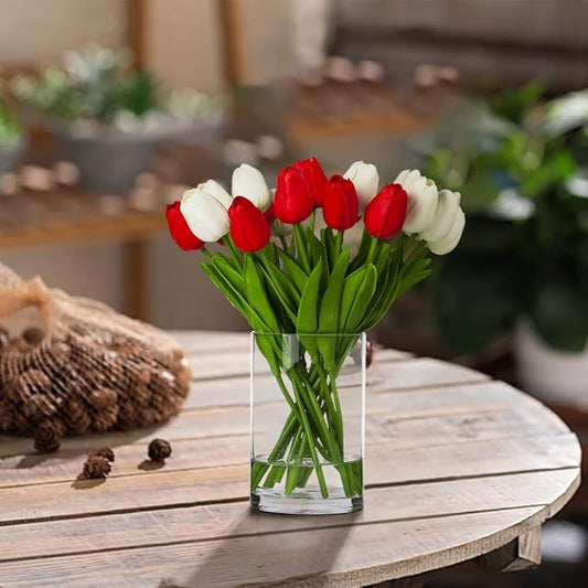 ENOVA FLORAL 20 Heads Real Touch Artificial Tulips Flowers with Vase, Mixed White and Red Tulips Flower Arrangements with Vase for Home Wedding Decor, Dining Table Centerpieces (White Red)
