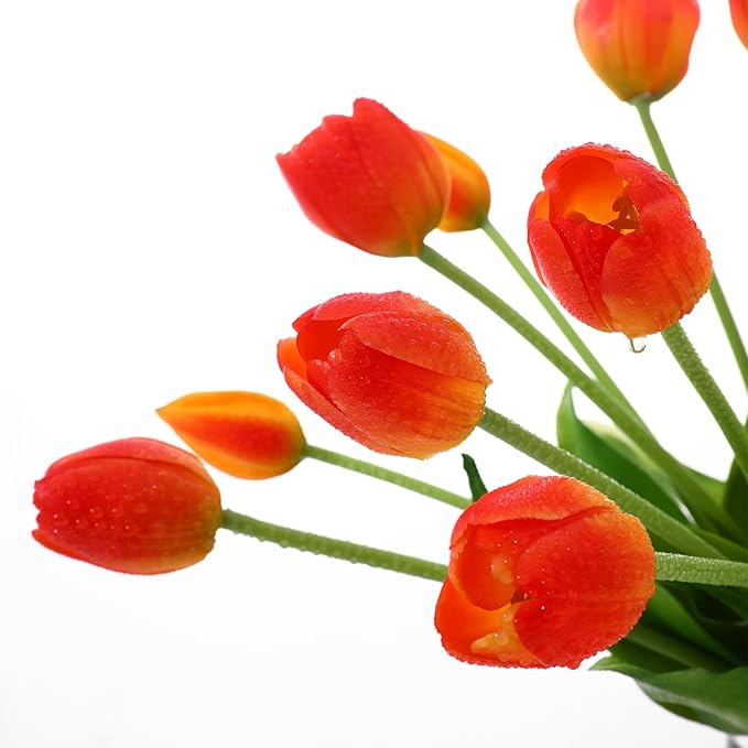 Fake Tulips Artificial Flowers Real Touch Latex Faux Tulips Fake Flowers Bouquet for Table Home Decor Party Wedding Garden Decoration (10pc Orange)