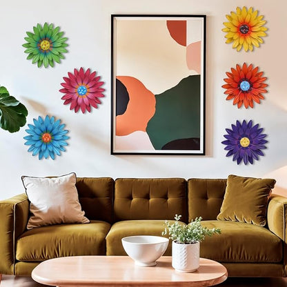 hogardeck Metal Flower Wall Decor - 6 PCS 8" Multicolor Flower Decor for Indoor Outdoor, Sunflower Kitchen Decor Floral Metal Wall Art, Sunflower Wall Decor for Bathroom, Living Room, Porch, Garden, Yard