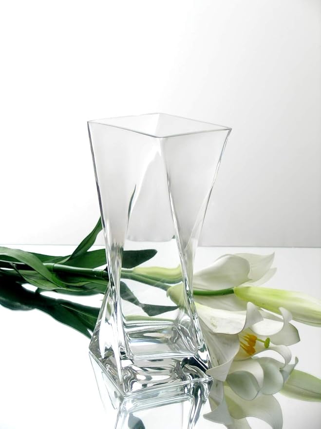 WGV Twist Bouquet Vase Bulk, 4" W, 10" H, Clear Square Block Gathering Hurricane Glass Floral Container, Centerpiece, Home Wedding Event Decor, 12 Pieces(VUT0410)
