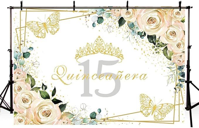 SENDY 8x6ft Quinceañera Backdrop Mis Quince 15 Anos Birthday Party Decorations Supplies for Girl Princess White Floral Gold Crown Butterfly Photography Background Banner Photo Booth Studio Props Vinyl