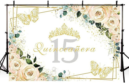 Sendy 7x5ft Quinceañera Backdrop Mis Quince 15 Anos Birthday Party Decorations Supplies Girl Princess White Floral Gold Crown Butterfly Photography Background Banner Photo Booth Studio Props Vinyl