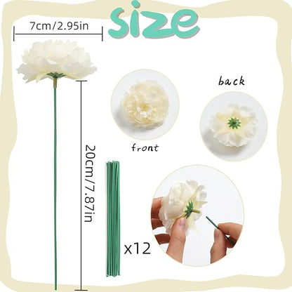 12 PCS Artificial Silk Ivory Peony Flowers with Stems - 8 Inch Fake Peony Bouquet for Wedding, Home Decor, Office Table, Festival Gifts