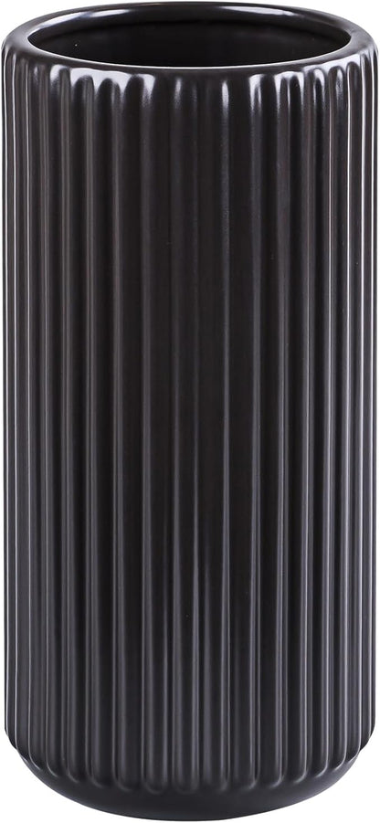 Black Ceramic Flower Vase for Pampas Grass, 8 inch Small Decorative Centerpiece Ribbed Vase for Dining Table, Office Desktop, Shelf Bookshelf, Mantel, Entryway, Bathroom, Countertop, Farmhouse, Gift