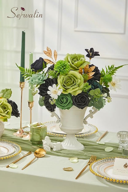 Serwalin Green Artificial Flowers, Black Silk Fake Flowers Greenery Stems for DIY Wedding Bridal Bouquets, Wedding Cake Flowers for Table Centerpieces Baby Shower Birthday Party Home Decorations