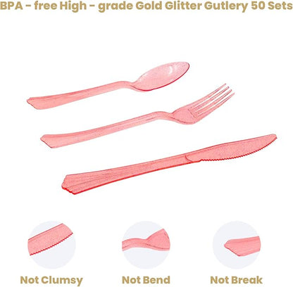 AIRE 350PCS White Rose Gold Paper Plates Party Supplies for 50 Guests Dinnerware Sets Disposable Party Decorations Paper Plates Napkins Cups Plastic Forks Knives Spoons For Birthday Wedding, Parties
