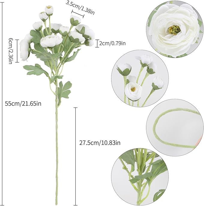 Ranunculus Artificial Flowers 5PCS Faux Peonies White Silk Ranunculus Flowers with Stems 21.65" Real Look Fake Flowers Bulk for DIY Wedding Bridal Shower Table Centerpieces Home Decor(White)
