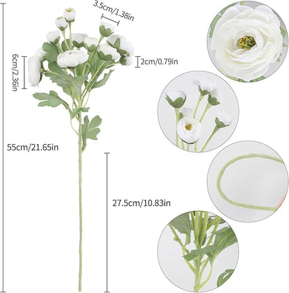 Ranunculus Artificial Flowers 5PCS Faux Peonies White Silk Ranunculus Flowers with Stems 21.65" Real Look Fake Flowers Bulk for DIY Wedding Bridal Shower Table Centerpieces Home Decor(White)