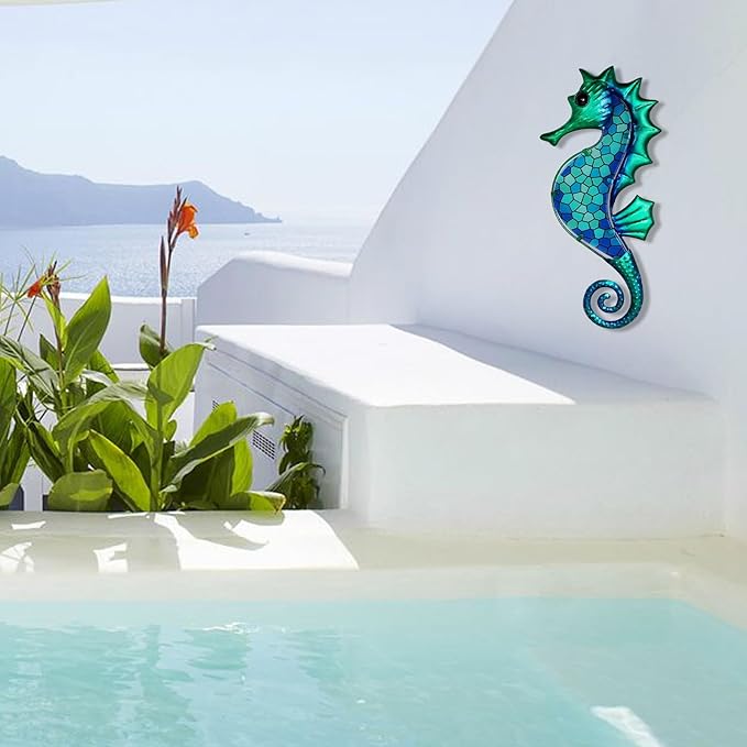 LIFFY Metal Seahorse Wall Art Mosaic Glass Ocean Wall Decor Coastal Sculpture Hanging Decoration for Home Garden Fence Pool Beach Bathroom
