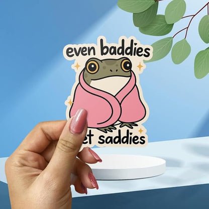 HANDICHI Design 5-Pack 2 Inch Even Baddies Get Saddies Frog Stickers – Funny Mental Health Vinyl Decal Set for Laptops, Water Bottles, Journals & Scrapbooks – Cute Baddie Sticker Pack