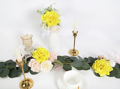 Artificial Flowers - 16pcs Yellow Fake Roses, 4.3" Velvet Roses for Wedding Bouquet, Home Party & Garden Decorations