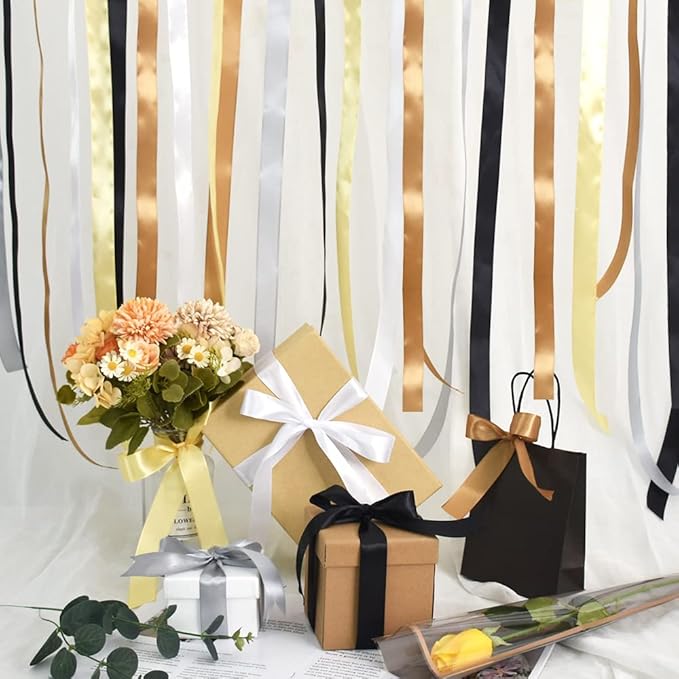 TONIFUL 1 Inch x 125 Yards 5 Colors Satin Ribbon Rolls, Mixed Black and Gold Color Set Fabric Ribbon for Gift Wrapping Embellish Wedding Birthday Party Decoration Bow Making Floral Craft Sewing