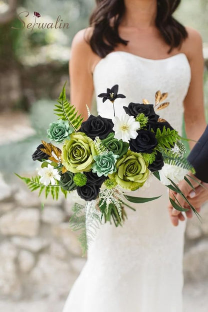 Serwalin Green Artificial Flowers, Black Silk Fake Flowers Greenery Stems for DIY Wedding Bridal Bouquets, Wedding Cake Flowers for Table Centerpieces Baby Shower Birthday Party Home Decorations