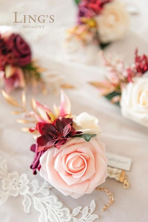 Ling's moment 6pcs Wedding Wrist Corsage Artificial Flowers, Girl/Mother Homecoming Prom Corsages Wristlet Décor, etc. Burgundy Marsala Blush