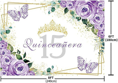 SENDY 8x6ft Quinceañera Backdrop Mis Quince 15 Anos Birthday Party Decoration Supplies for Girl Princess Purple Floral Butterfly Gold Crown Photography Background Banner Photo Booth Studio Props Vinyl