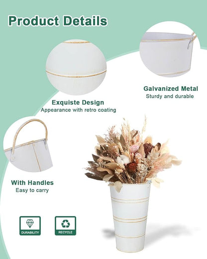 vensovo 12 Inch Galvanized Metal Vases for Flowers - 2 Pcs Farmhouse Decorative Tall Flower Bucket with Handles, Rustic French Tin Planter Buckets for Wedding Decor (White)