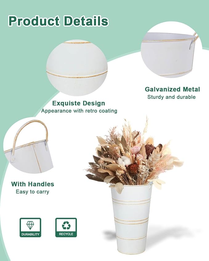12 Inch Galvanized Metal Vases for Flowers - 6 Pcs Farmhouse Decorative Tall Flower Bucket with Handles, Rustic French Tin Planter Buckets for Wedding Decor (White)