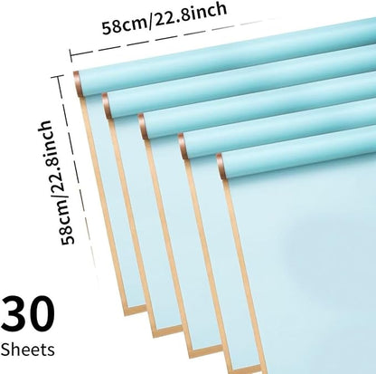 30 Sheets Misty Blue Gold Edge Flower Bouquet Wrapping Paper，Florist Supplies Waterproof Floral Bouquet Wrapping Paper Bouquet Accessorie，Flower Shop Packaging Pape for DIY Gift Wedding Birthday
