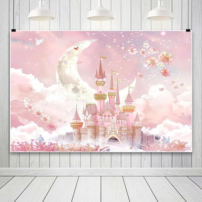 AOFOTO 8x6ft Princess Pink Castle Backdrop Floral Castle Backdrop for Photography Moon Clouds Flowers Fantasy Fairy Tale Party Decoration Banner Girls Newborn Baby Shower Birthday Photoshoot Props