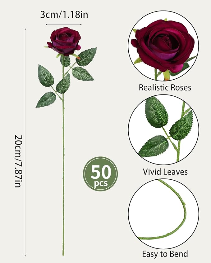 LFF 50Pcs Fake Purple Red Roses Artificial Flowers with Long Stems, Realistic Silk Faux Roses in Bulk, Wedding Bouquet, DIY Floral Arrangement for Home/Wedding/Proposal Ceremony Decoration(Purple Red)
