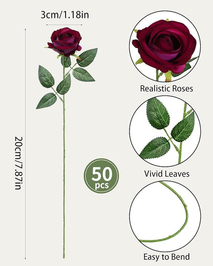 LFF 50Pcs Fake Purple Red Roses Artificial Flowers with Long Stems, Realistic Silk Faux Roses in Bulk, Wedding Bouquet, DIY Floral Arrangement for Home/Wedding/Proposal Ceremony Decoration(Purple Red)