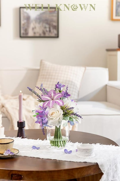 WELL KNOWN Fake Flowers in Vase Artificial Flowers with Fake Water, Real Touch Faux Silk Rose & Blooming Tulips Spring Flower with Lavender Arrangements for Table Decor (White Purple)