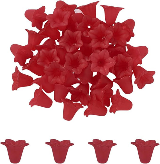 Crafans 50Pcs Frosted Acrylic Flower Beads for Christmas Red Floral Pendants Trumpet Flower Bead Caps Loose End Spacer Beads for Jewelry Making Supplies 17.5x12x1.5mm