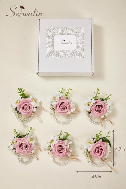 Serwalin 6 PCS Pink Rose Wrist Corsages for Wedding, Corsages for Prom Homecoming Party Corsage Hand Decor for Bride Bridesmaids, Mother of Bride and Groom