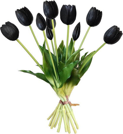 10 Pcs Fake Tulips Tulips Artificial Flowers Real Touch Fake Flowers Artificial Flower Bouquet for Home Table Party Wedding Decoration(Black)