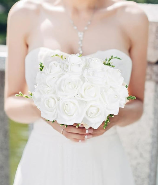 50PCS Foam Roses with Pearls 2.56in White Roses Artificial Flowers Bulk Foam Flowers with Stem for Wedding, Bridal Shower, Cake, Graduation and Home Decor(White)