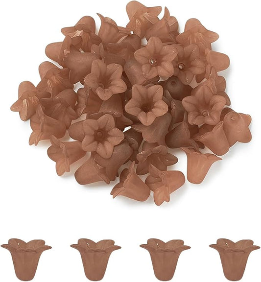 Crafans 50Pcs Frosted Acrylic Flower Beads Chocolate Floral Pendants Trumpet Flower Bead Caps Loose End Spacer Beads for Jewelry Making Supplies 16x12x1.5mm