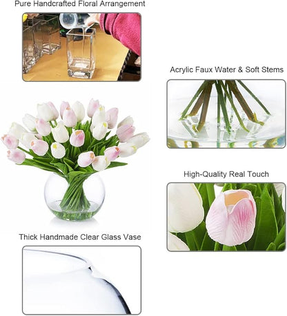 ENOVA FLORAL 30 Pieces Artificial Real Touch Tulips Flowers with Vase, Fake White Pink Tulips Flowers with Vase for Dining Table, Home Decoration, Wedding Centerpieces